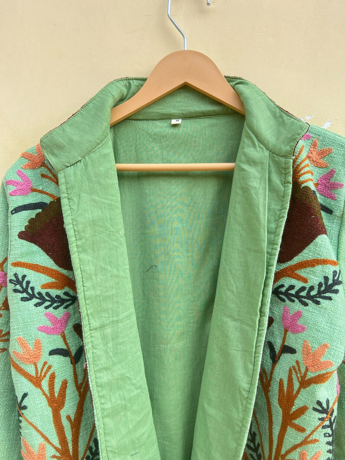 Green Cotton Suzani Embroidered Jacket: Bohemian Winter Coat