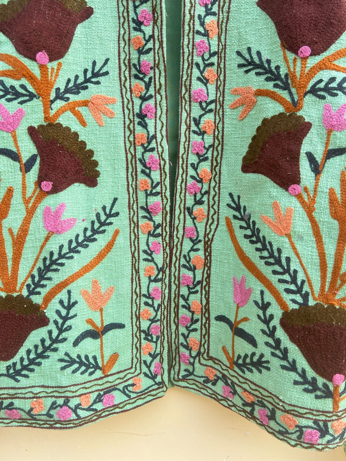 Green Cotton Suzani Embroidered Jacket: Bohemian Winter Coat