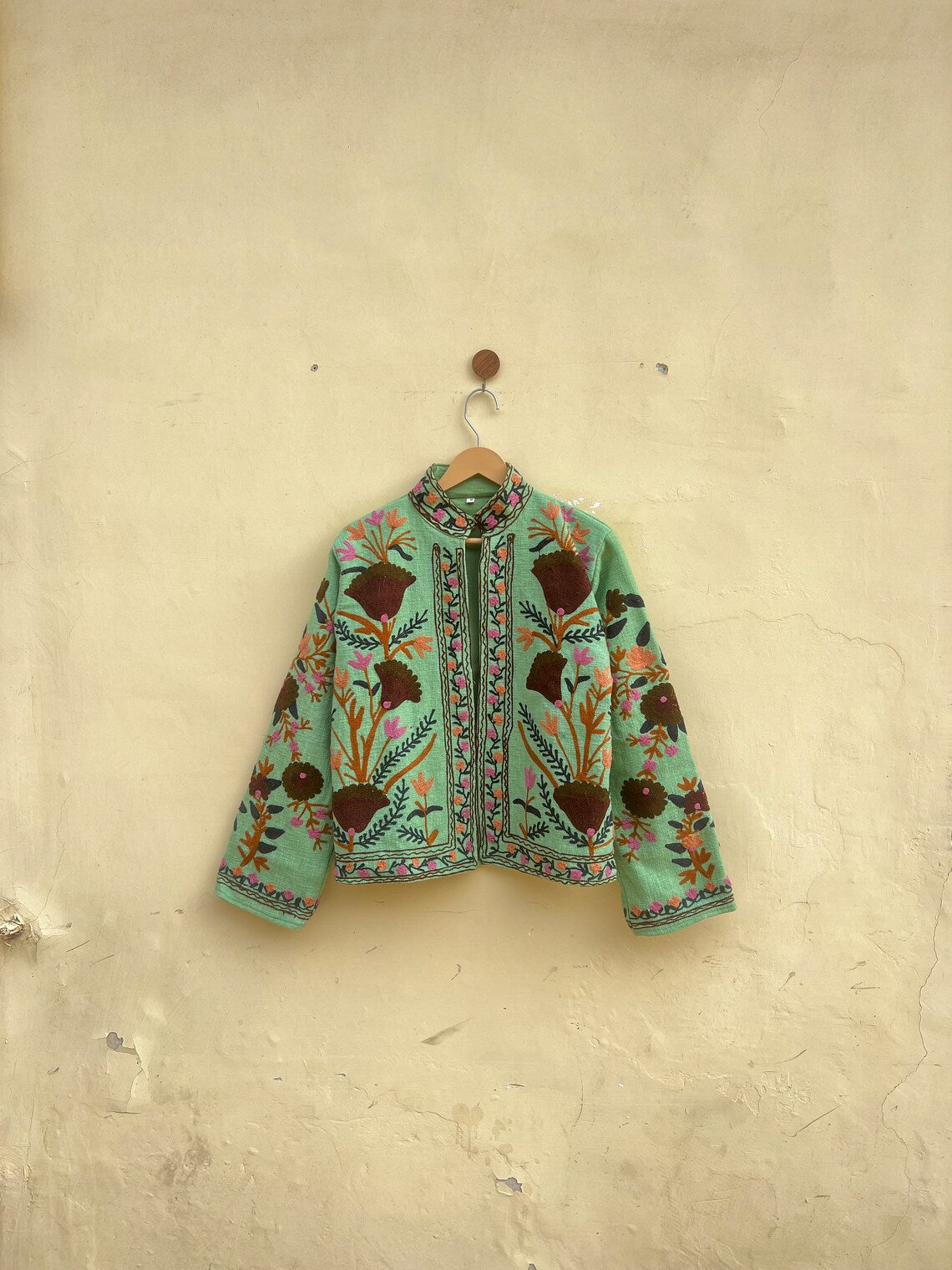 Green Cotton Suzani Embroidered Jacket: Bohemian Winter Coat