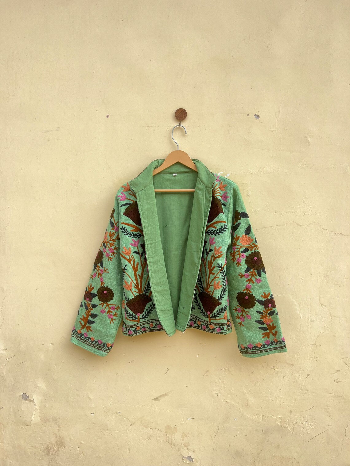 Green Cotton Suzani Embroidered Jacket: Bohemian Winter Coat