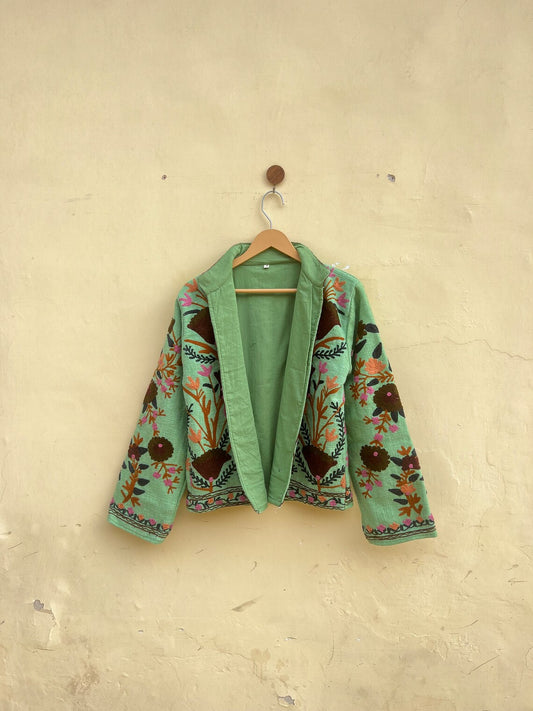 Green Cotton Suzani Embroidered Jacket: Bohemian Winter Coat