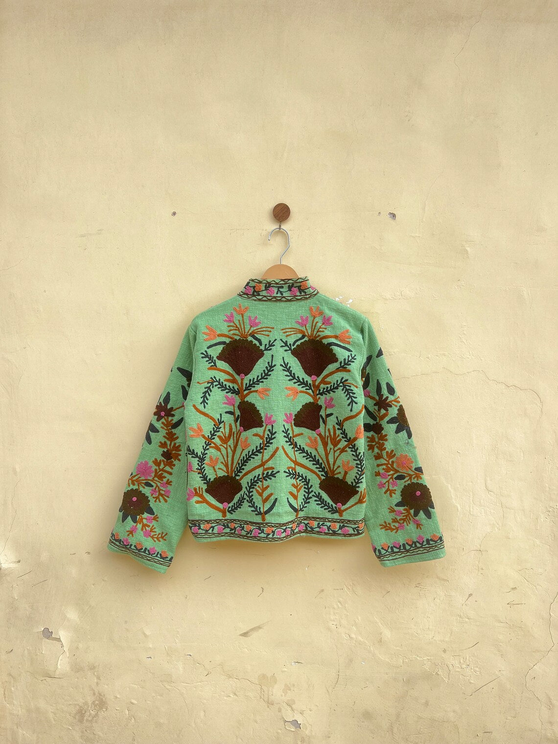 Green Cotton Suzani Embroidered Jacket: Bohemian Winter Coat