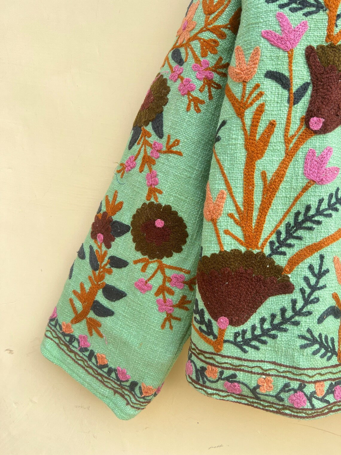 Green Cotton Suzani Embroidered Jacket: Bohemian Winter Coat