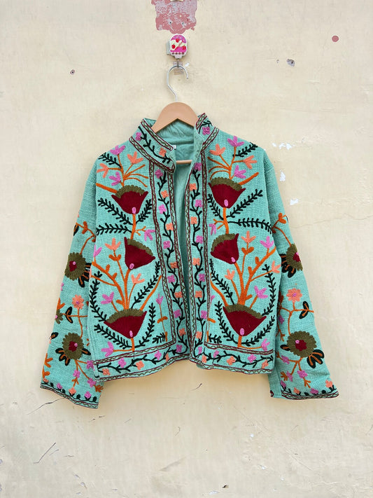 Handmade Suzani Embroidery Jacket, Winter Wear Jacket Coat, Womens Coat, Suzani Short Jacket, TNT Fabric Suzani Jacket, Robe, Gift For Her