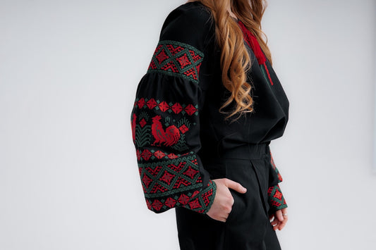 Ukrainian blouse with roosters embroidery, slavic blouse, black ukraine shirt, embroidery tops, Hand Embroidere, vyshyvanka for gift