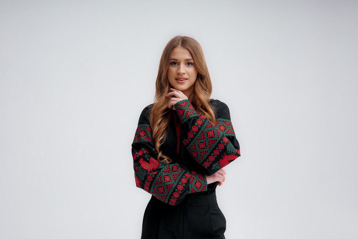 Ukrainian blouse with roosters embroidery, slavic blouse, black ukraine shirt, embroidery tops, Hand Embroidere, vyshyvanka for gift