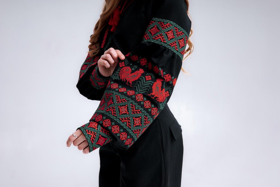 Ukrainian blouse with roosters embroidery, slavic blouse, black ukraine shirt, embroidery tops, Hand Embroidere, vyshyvanka for gift