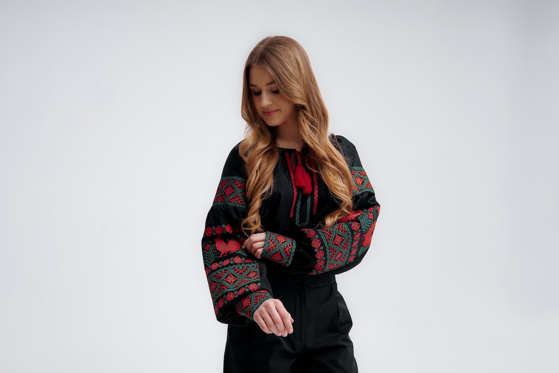 Ukrainian blouse with roosters embroidery, slavic blouse, black ukraine shirt, embroidery tops, Hand Embroidere, vyshyvanka for gift