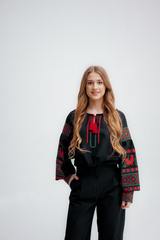 Ukrainian blouse with roosters embroidery, slavic blouse, black ukraine shirt, embroidery tops, Hand Embroidere, vyshyvanka for gift