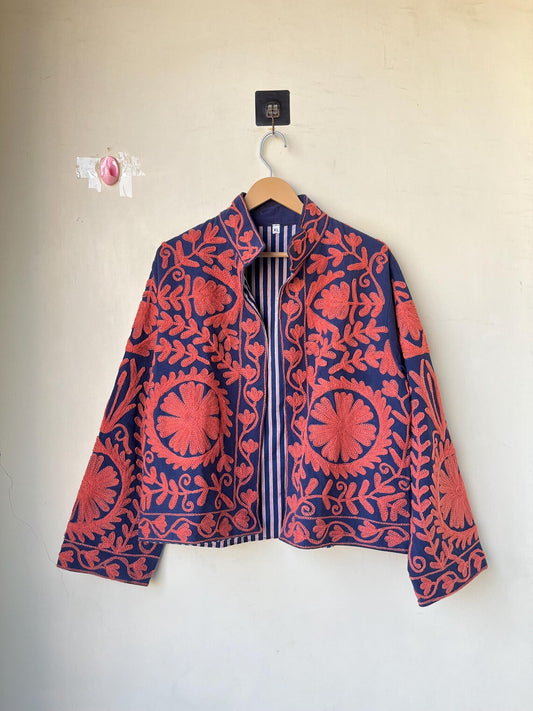 Indian Suzani Embroidery Jacket, Cotton Suzani Coat, Winter Wear Jacket Coat, Suzani Short Jacket, Hand Embroidered Jacket For Women