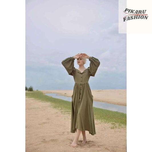 olive green linen maxi dress - PIKARU FASHION - PIKARU FASHION
