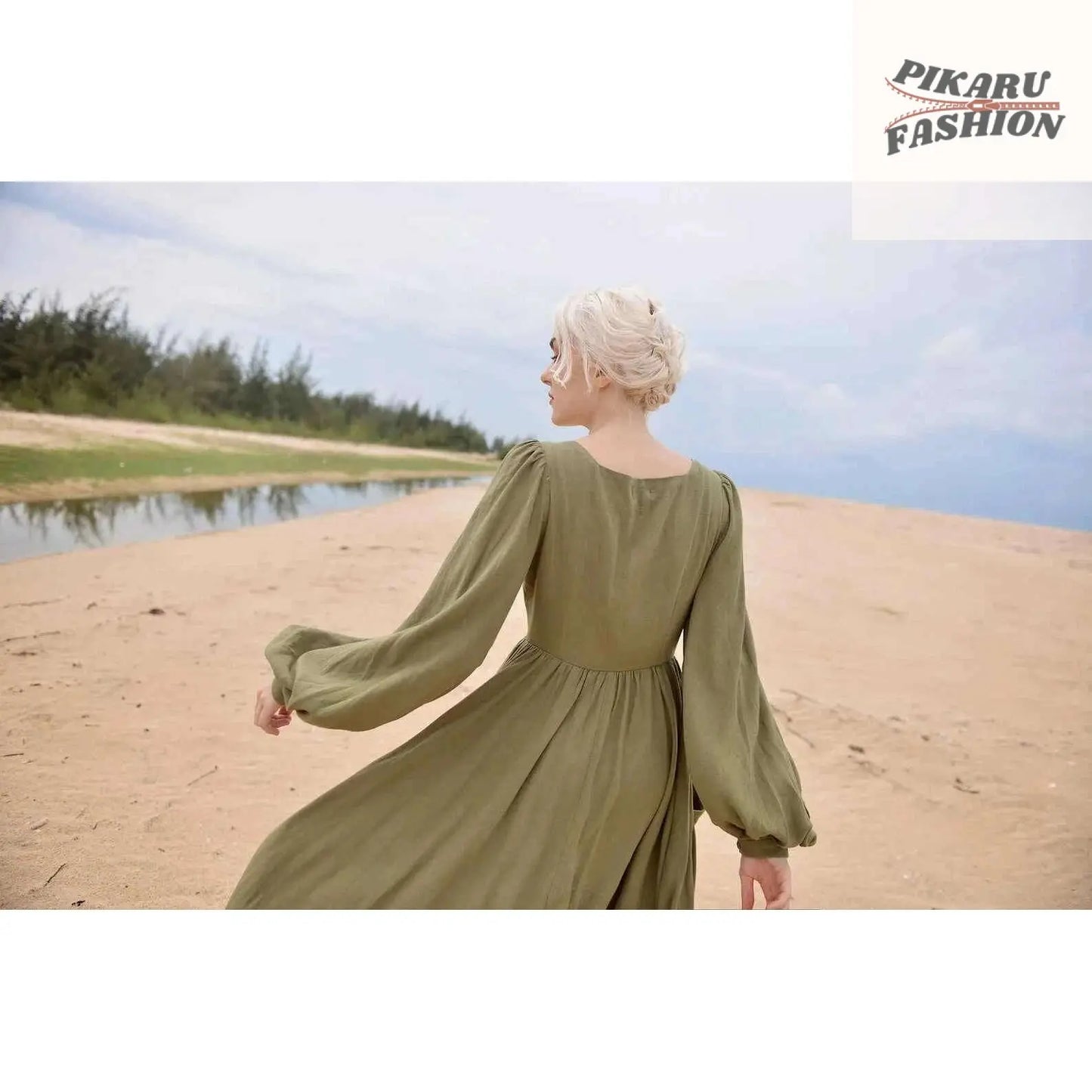 olive green linen maxi dress - PIKARU FASHION - PIKARU FASHION