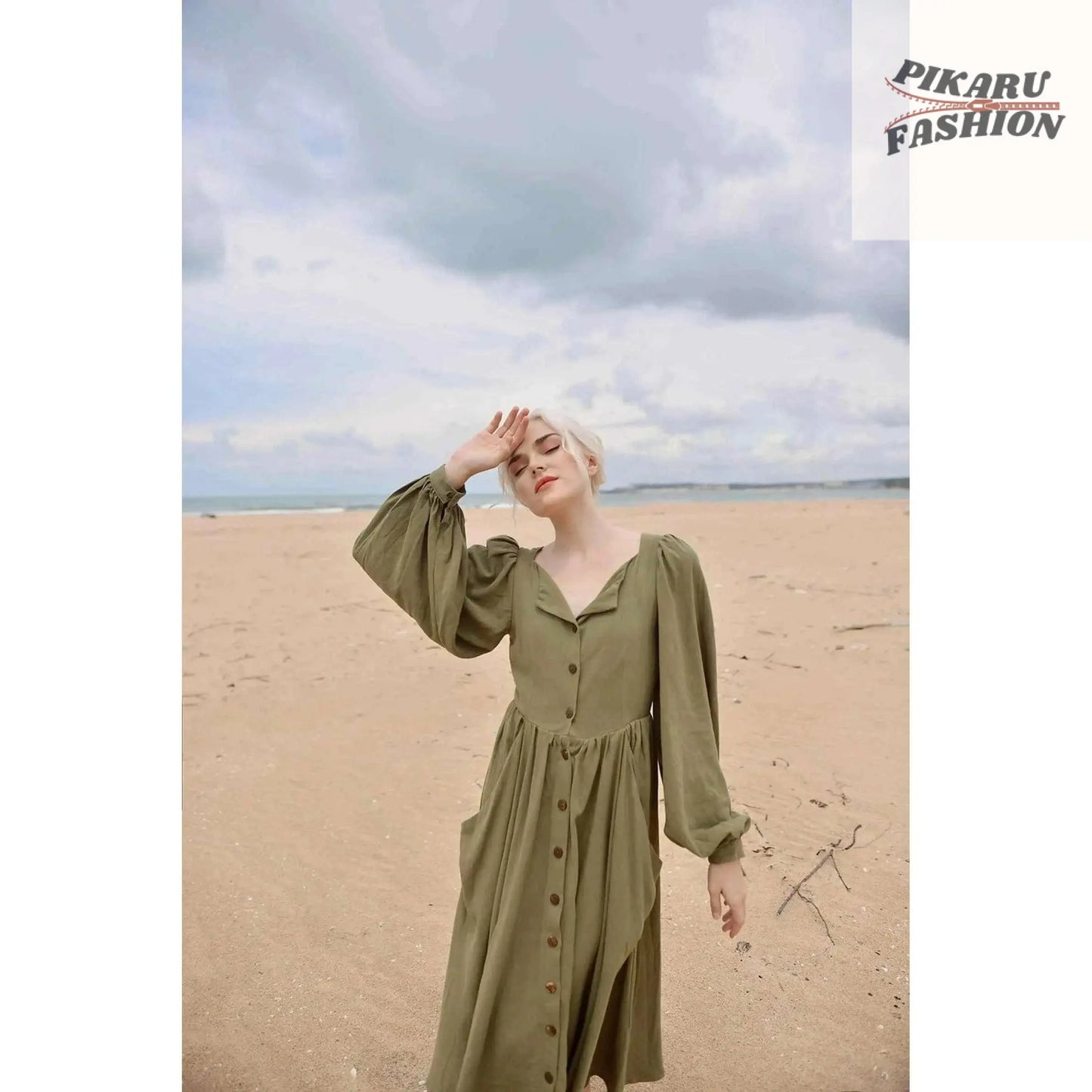 olive green linen maxi dress - PIKARU FASHION - PIKARU FASHION