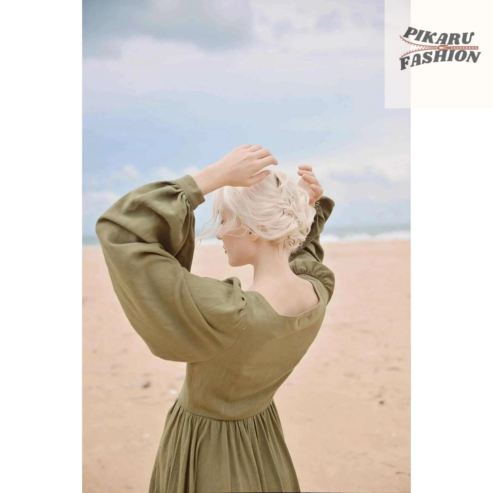 olive green linen maxi dress - PIKARU FASHION - PIKARU FASHION