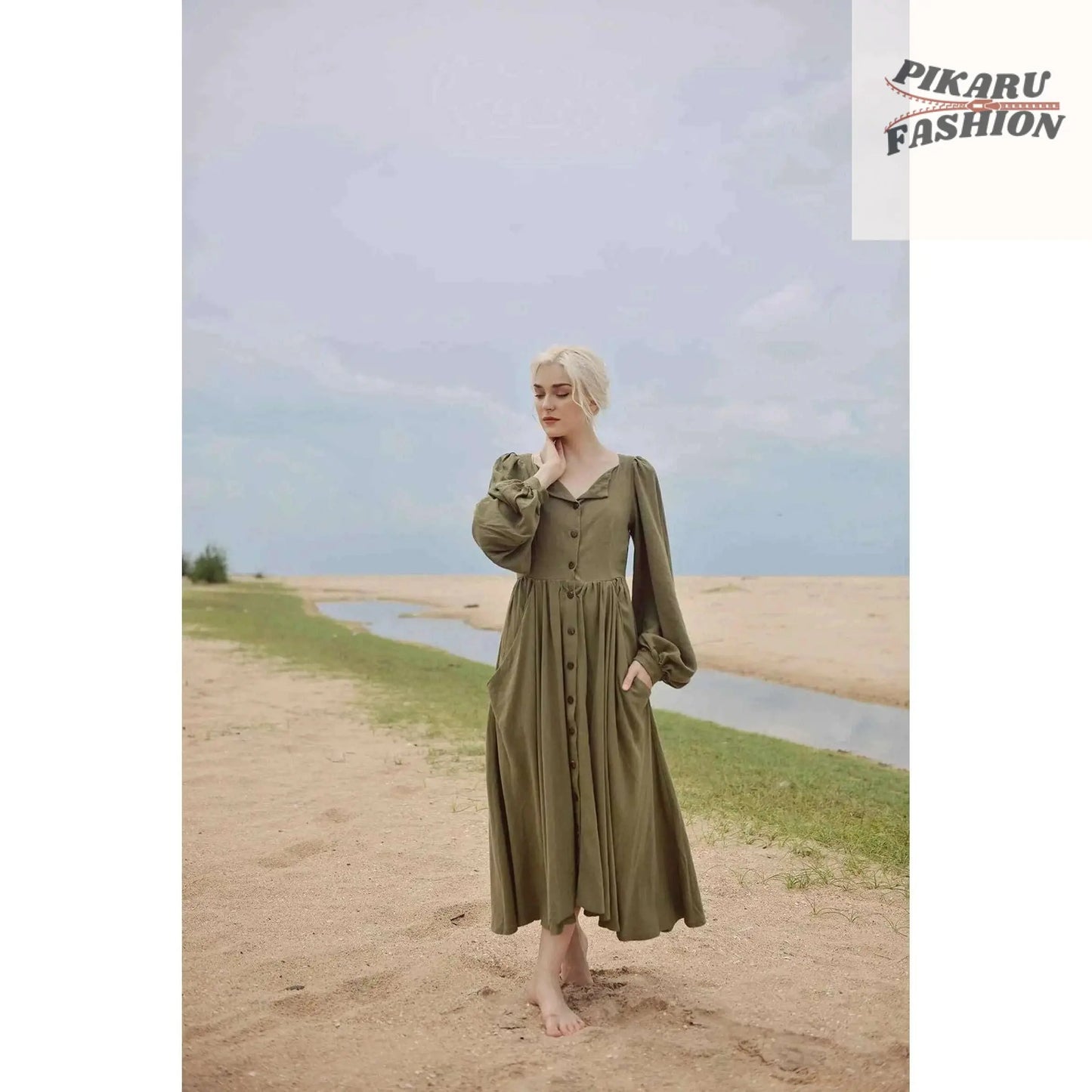 olive green linen maxi dress - PIKARU FASHION - PIKARU FASHION