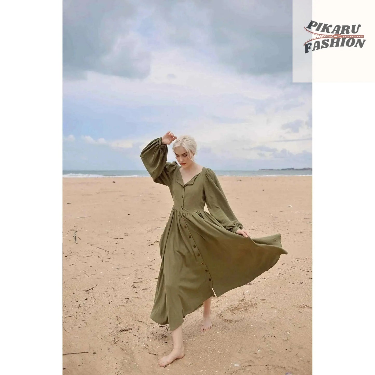 olive green linen maxi dress - PIKARU FASHION - PIKARU FASHION