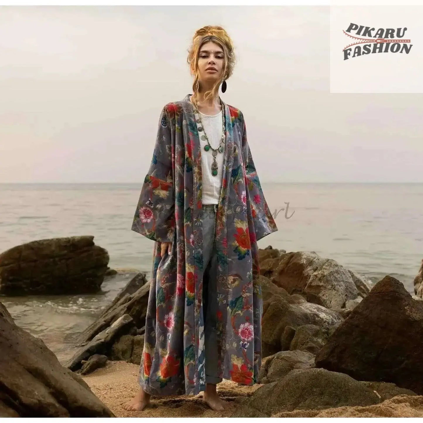 plus Size Velvet Kimono Duster - PIKARU FASHION