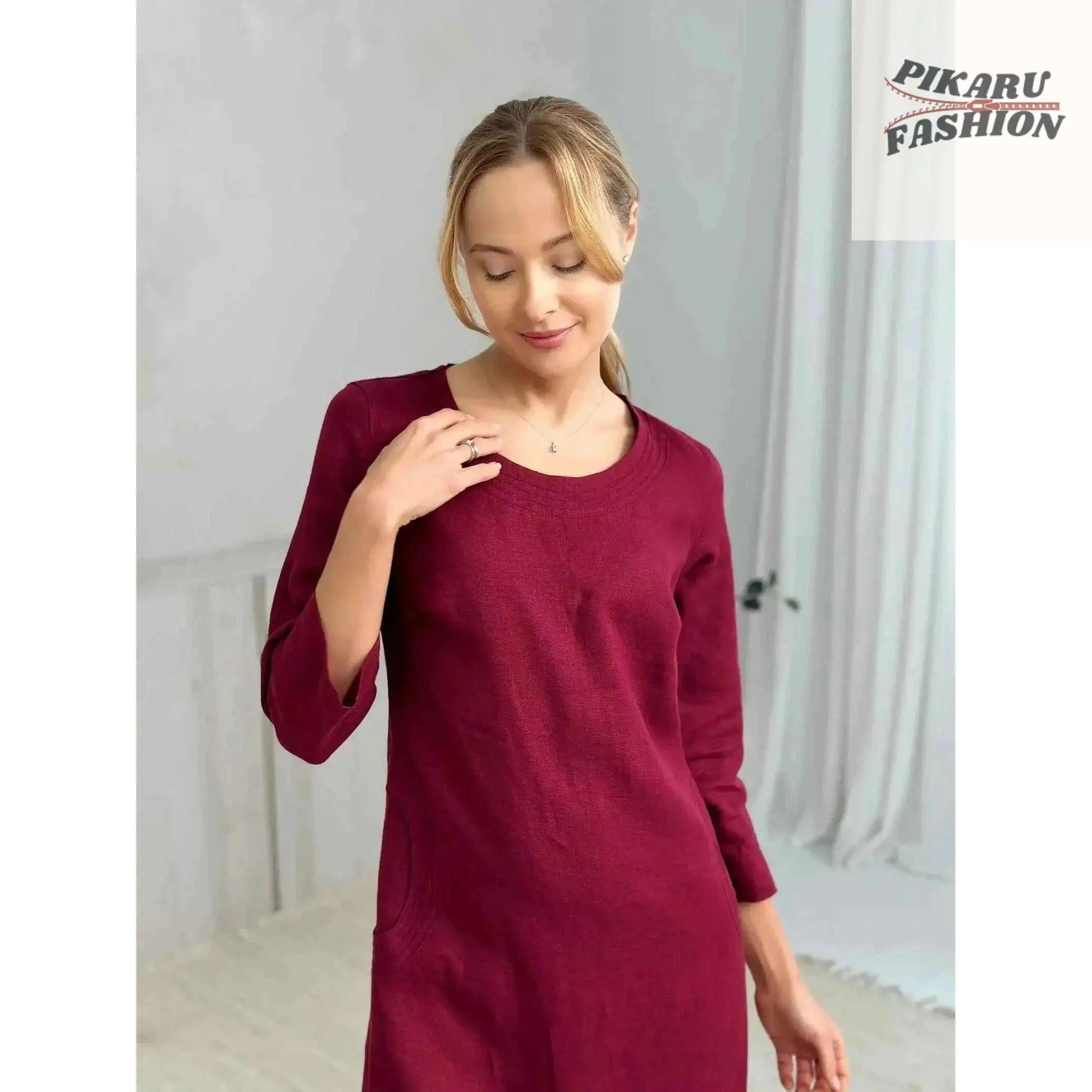 100% Linen midi Dress With Hand Embroidery - PIKARU FASHION