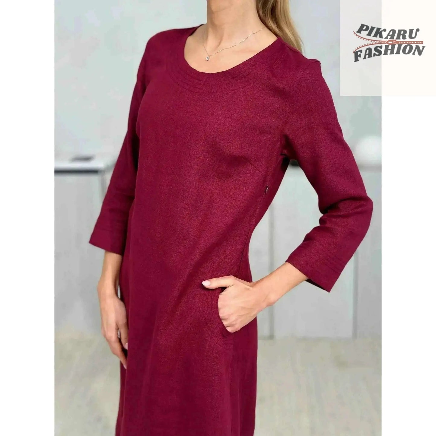 100% Linen midi Dress With Hand Embroidery - PIKARU FASHION