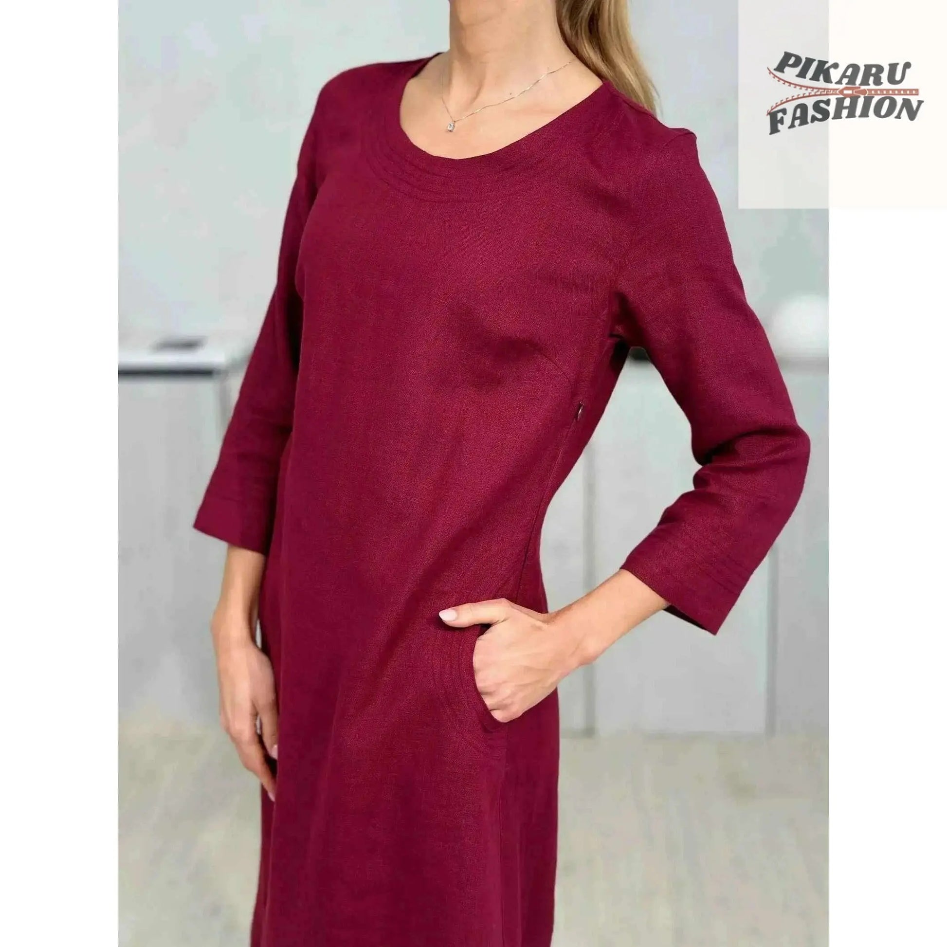 100% Linen midi Dress With Hand Embroidery - PIKARU FASHION