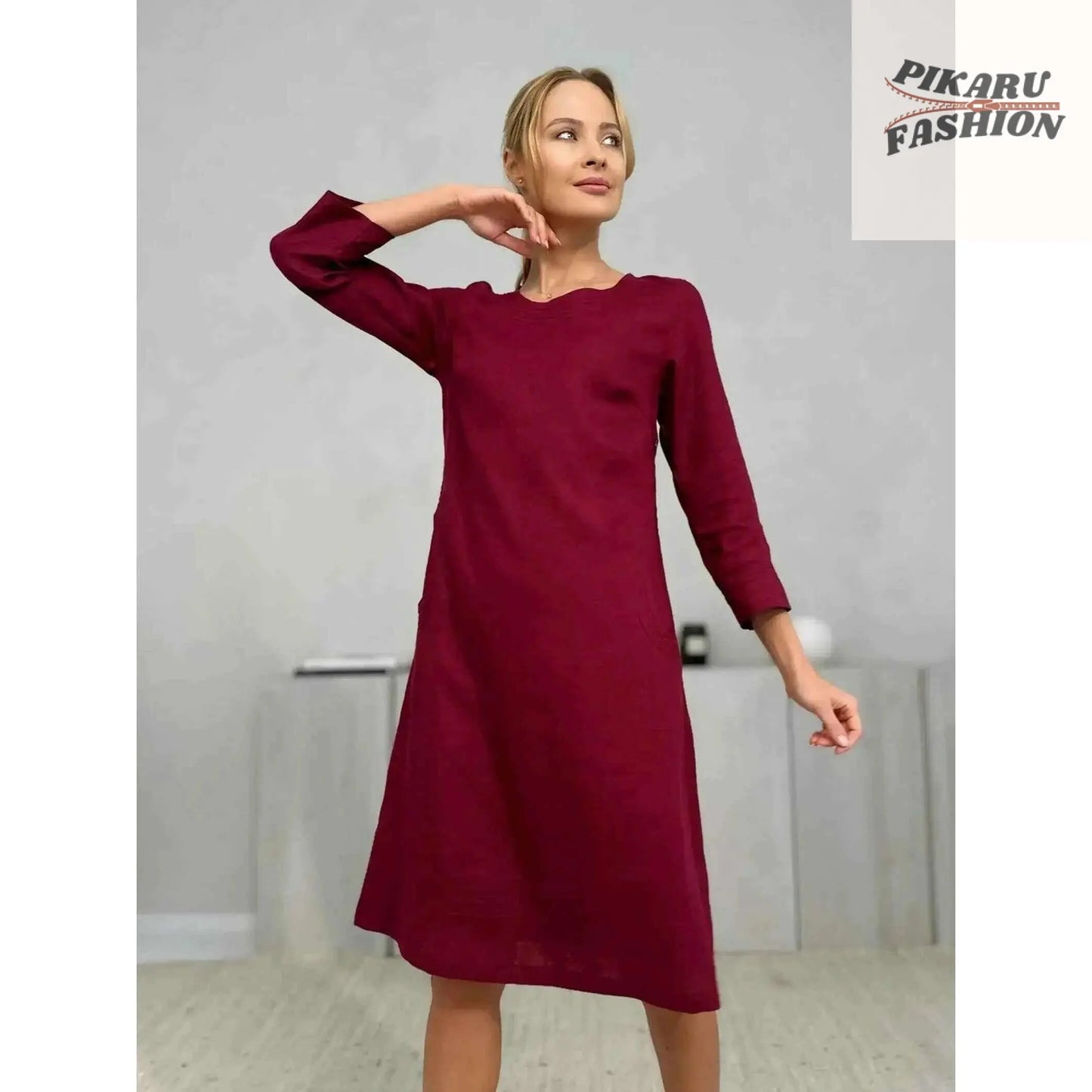 100% Linen midi Dress With Hand Embroidery - PIKARU FASHION