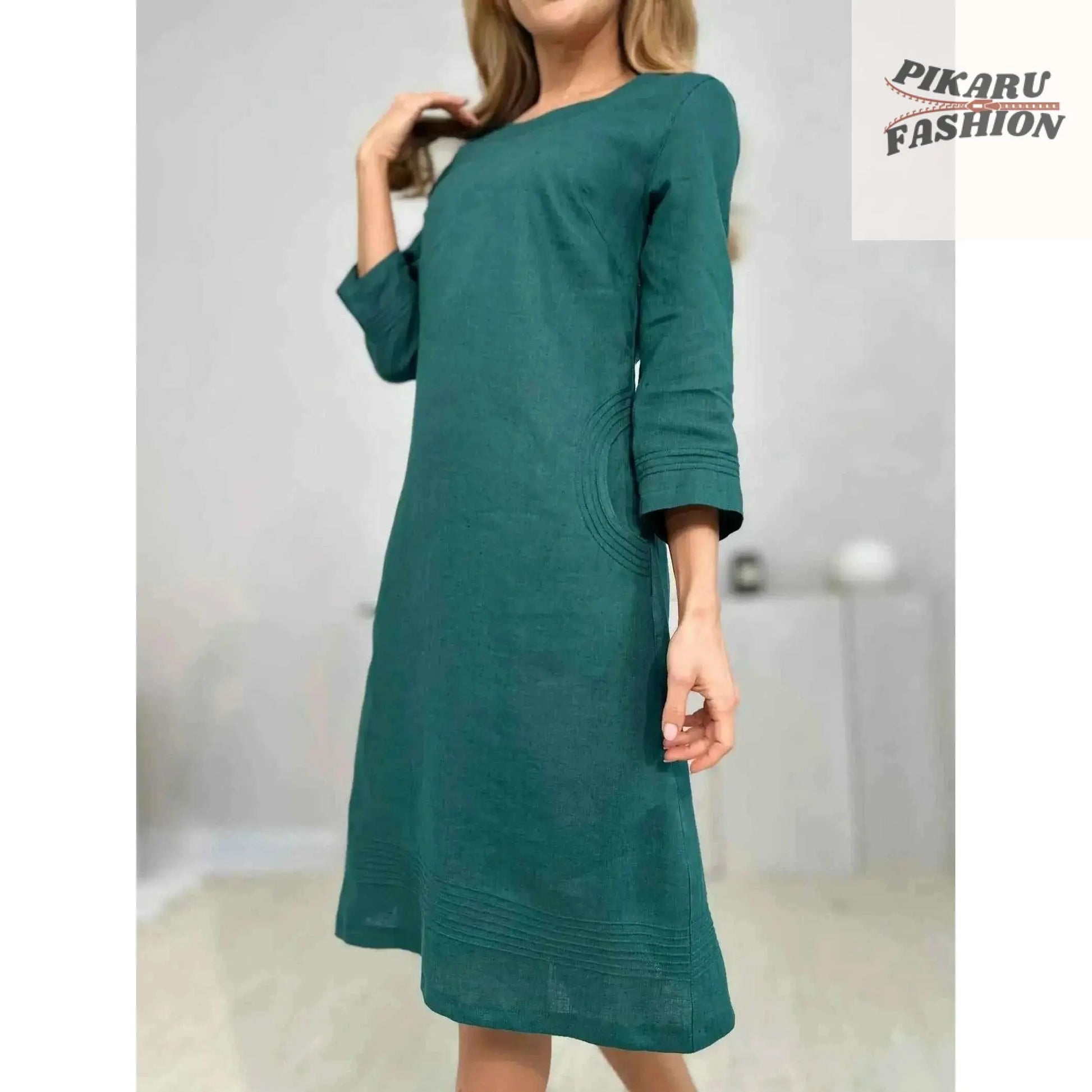100% Linen midi Dress With Hand Embroidery - PIKARU FASHION