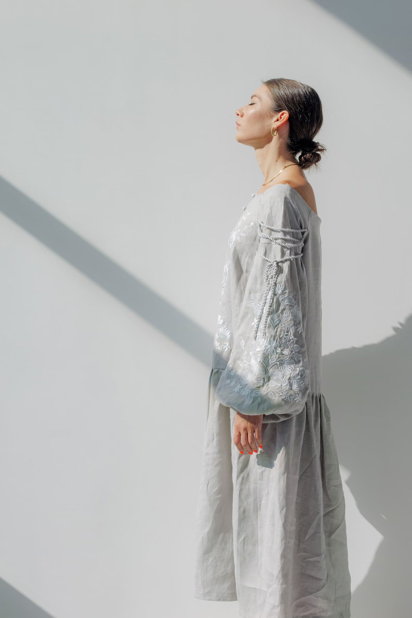 Grey Linen Dress with Exquisite Ukrainian Embroidery, Vyshyvanka White Embroidery, Linen Embroidered Ukrainian Dress Boho Gift for Her - PIKARU FASHION