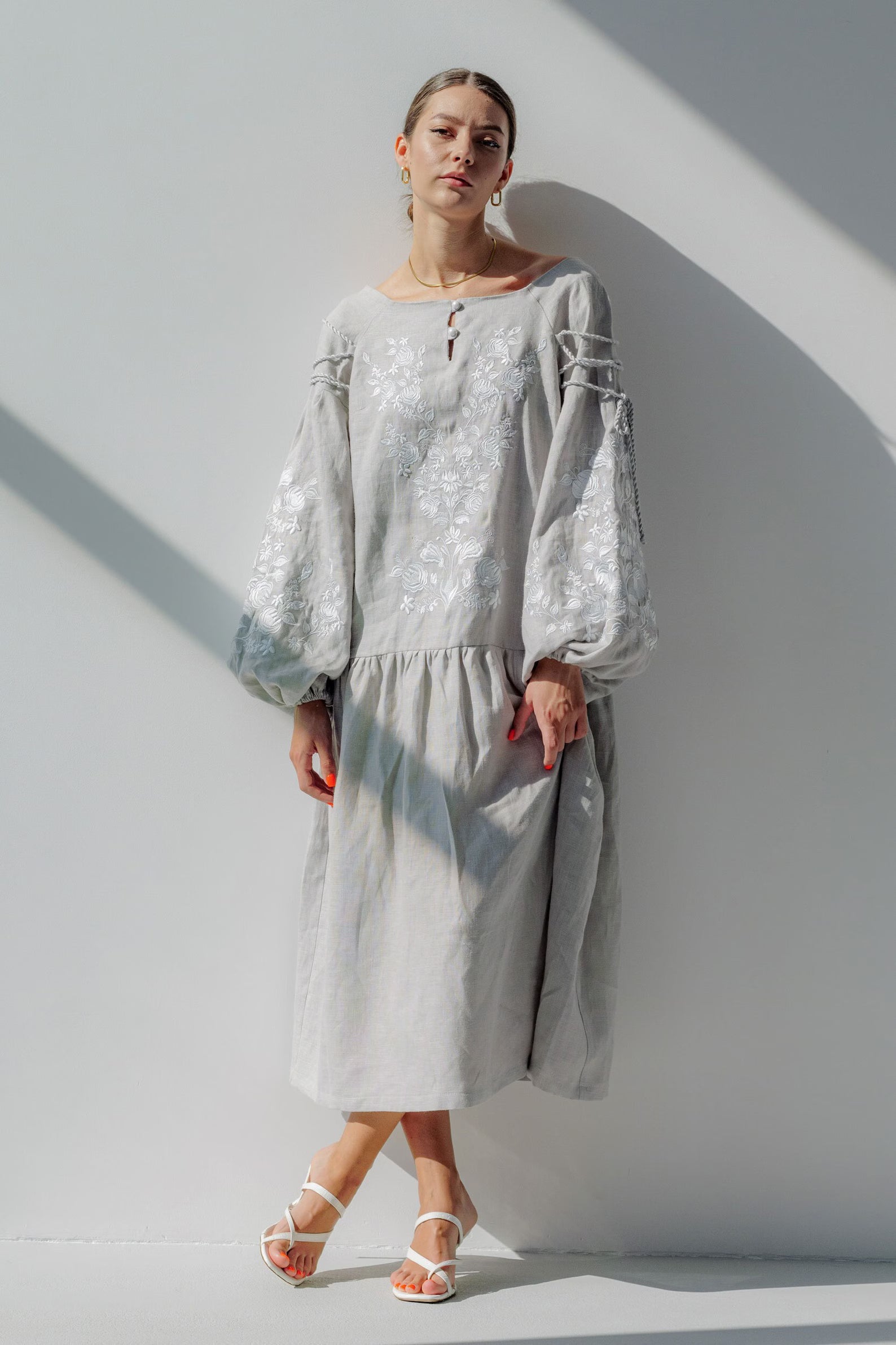 Grey Linen Dress with Exquisite Ukrainian Embroidery, Vyshyvanka White Embroidery, Linen Embroidered Ukrainian Dress Boho Gift for Her - PIKARU FASHION
