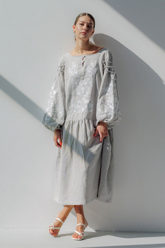 Grey Linen Dress with Exquisite Ukrainian Embroidery, Vyshyvanka White Embroidery, Linen Embroidered Ukrainian Dress Boho Gift for Her - PIKARU FASHION