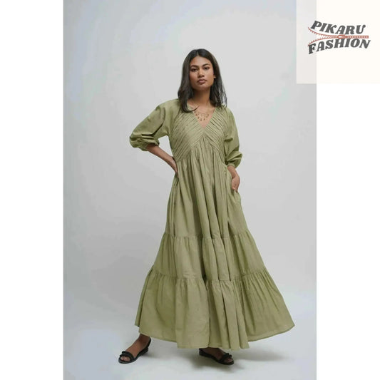 Organic Cotton Pleated Maxi Dress - PIKARU FASHION