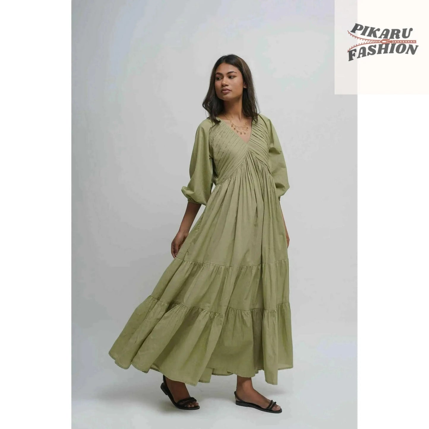 Organic Cotton Pleated Maxi Dress - PIKARU FASHION