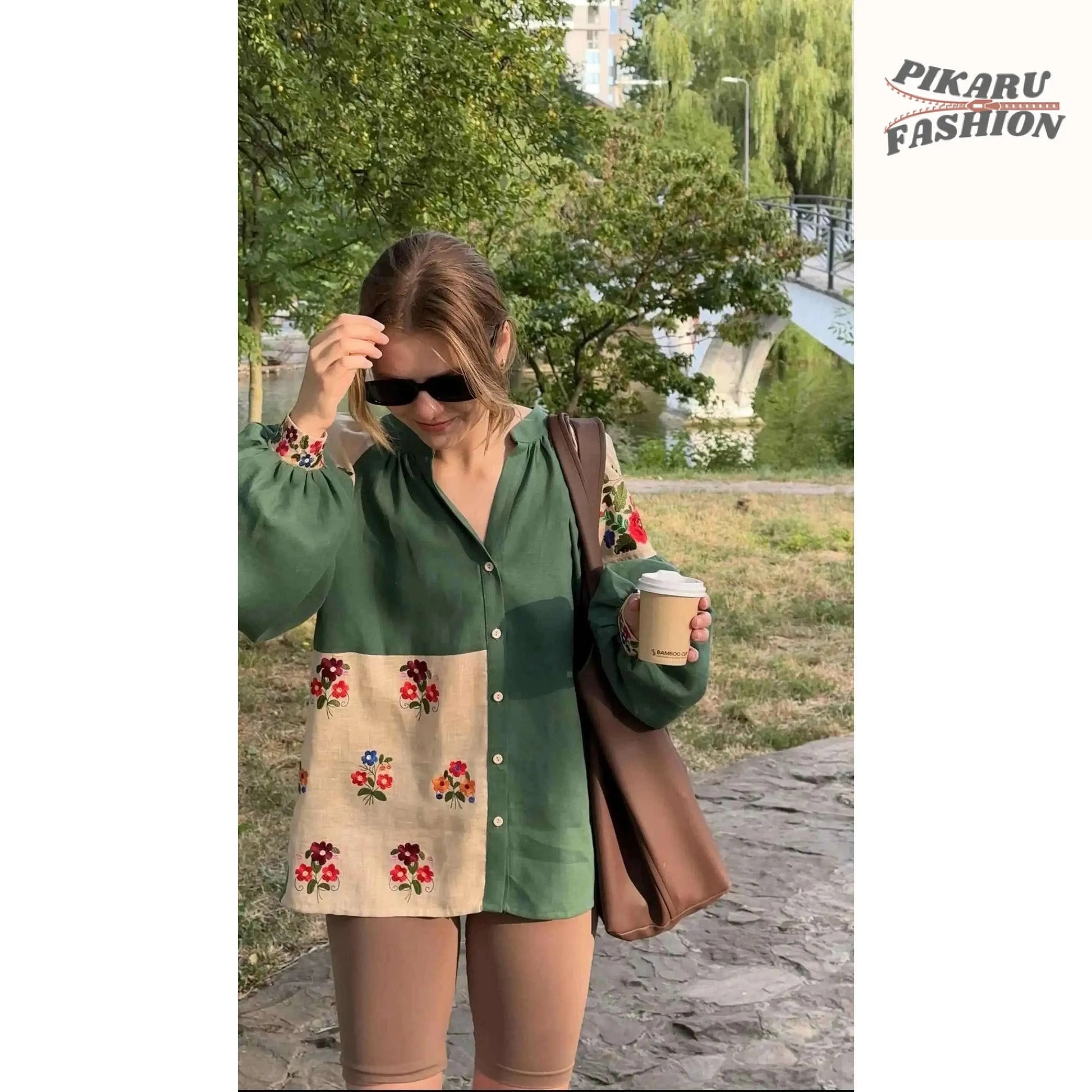 Linen Blouse Floral Embroidery / PIKARU FASHION - PIKARU FASHION