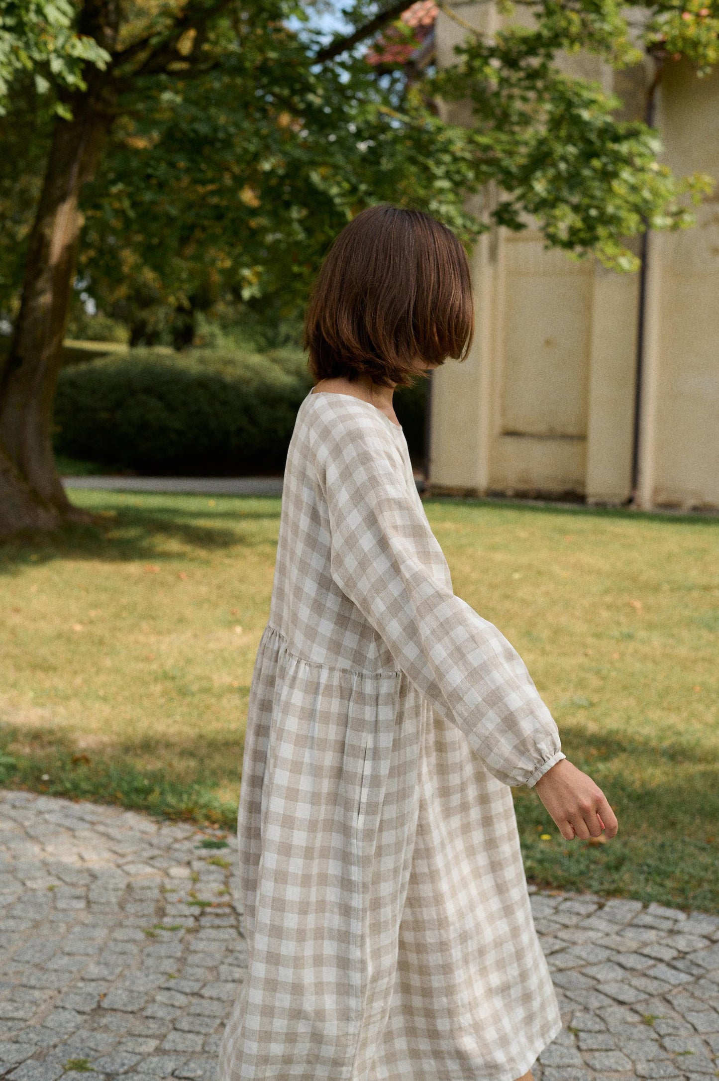 Margo natural grey gingham linen dress - PIKARU FASHION
