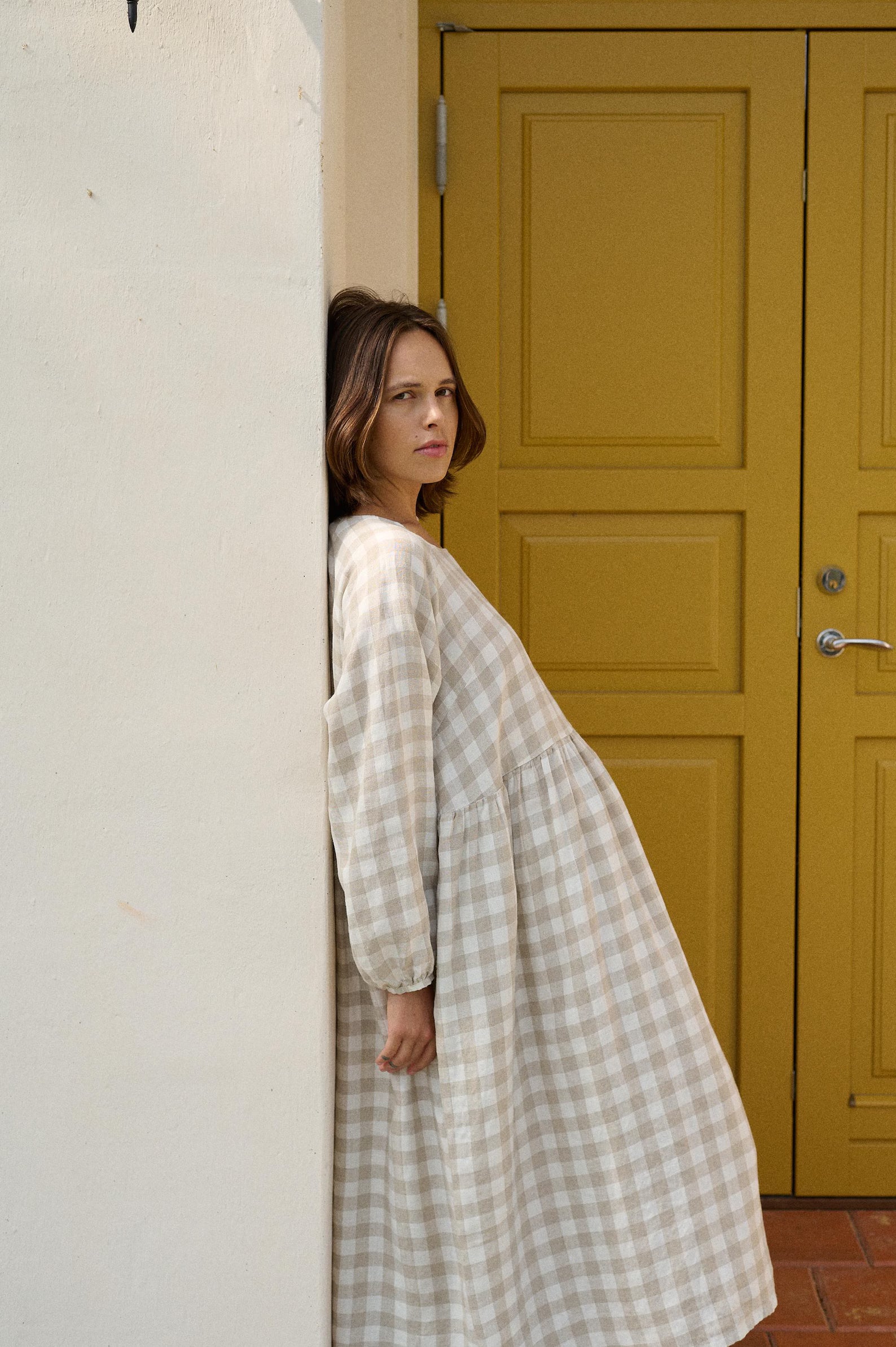 Margo natural grey gingham linen dress - PIKARU FASHION