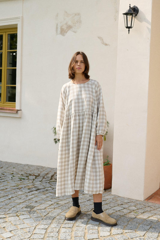 Margo natural grey gingham linen dress - PIKARU FASHION