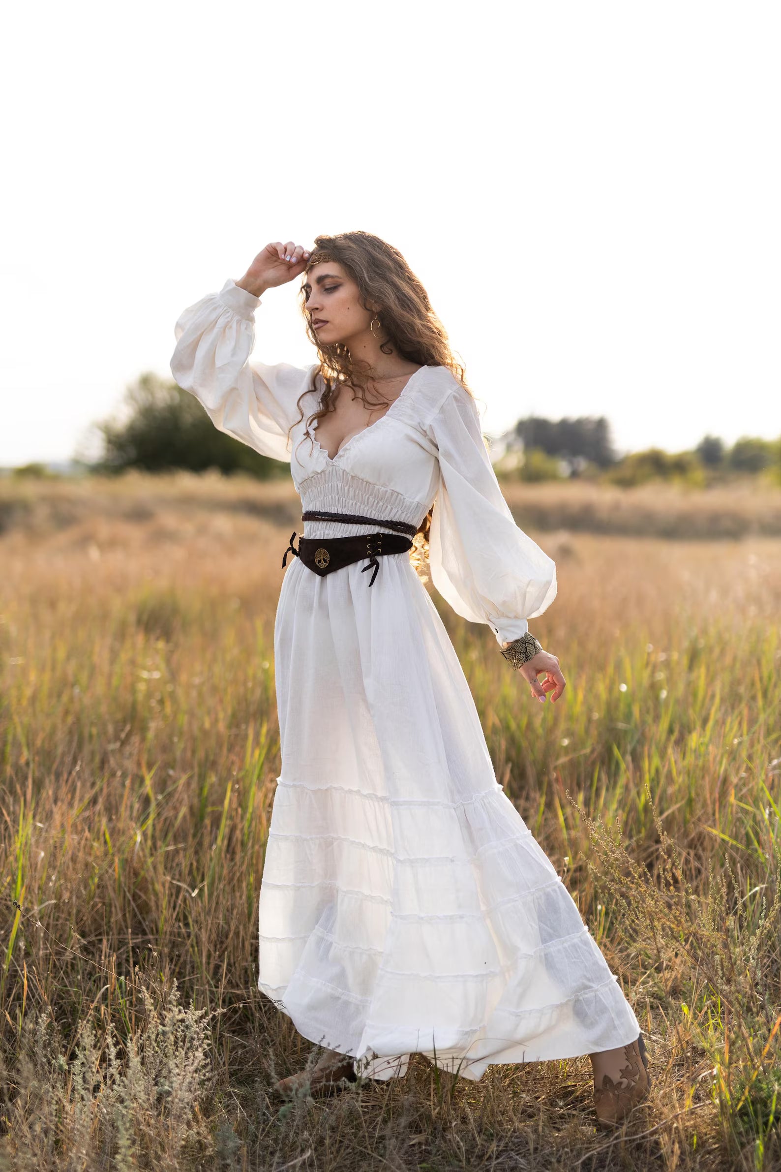 Long Off White Bohemian Dress with Ruffles- pikaru fashion - PIKARU FASHION