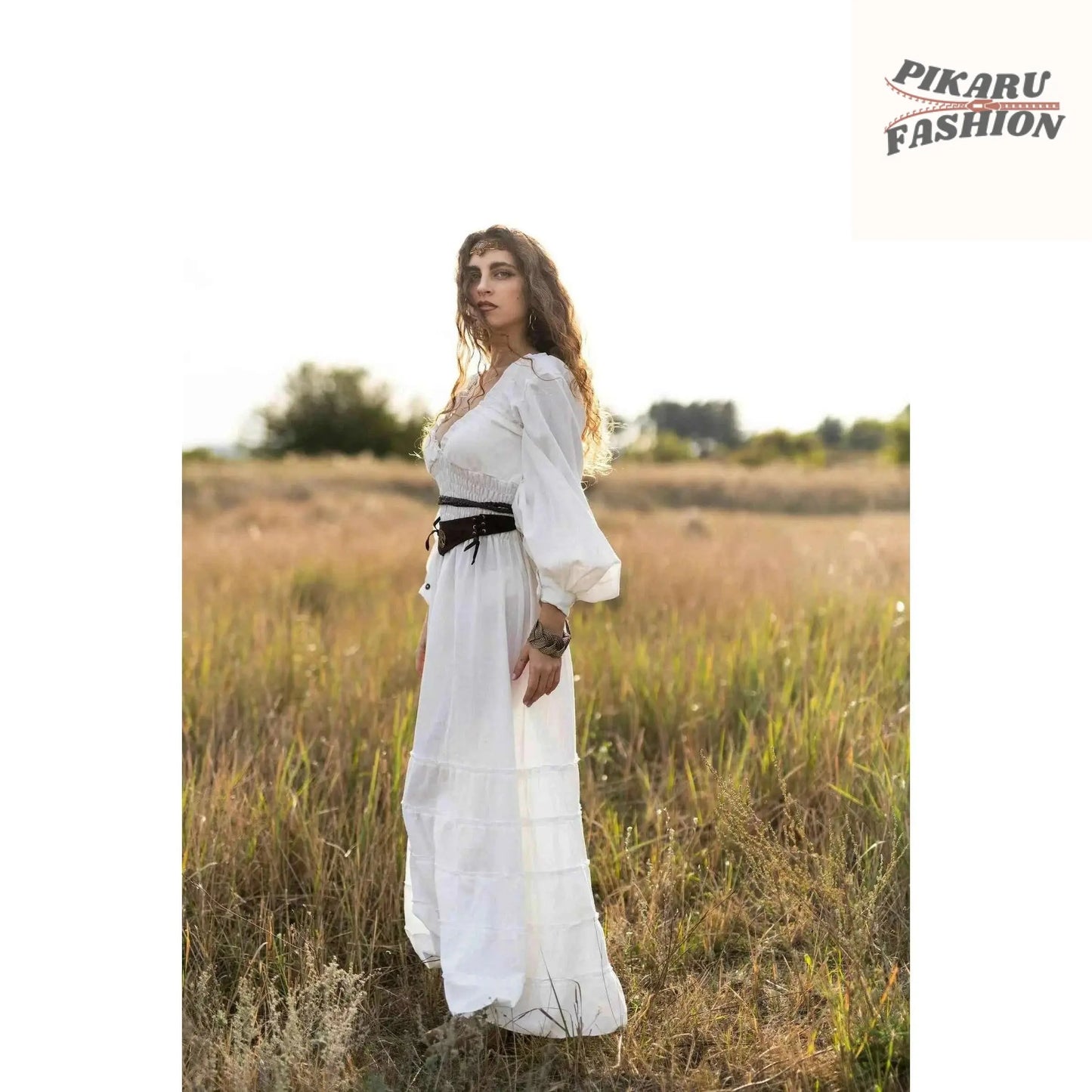Long Off White Bohemian Dress with Ruffles- pikaru fashion - PIKARU FASHION