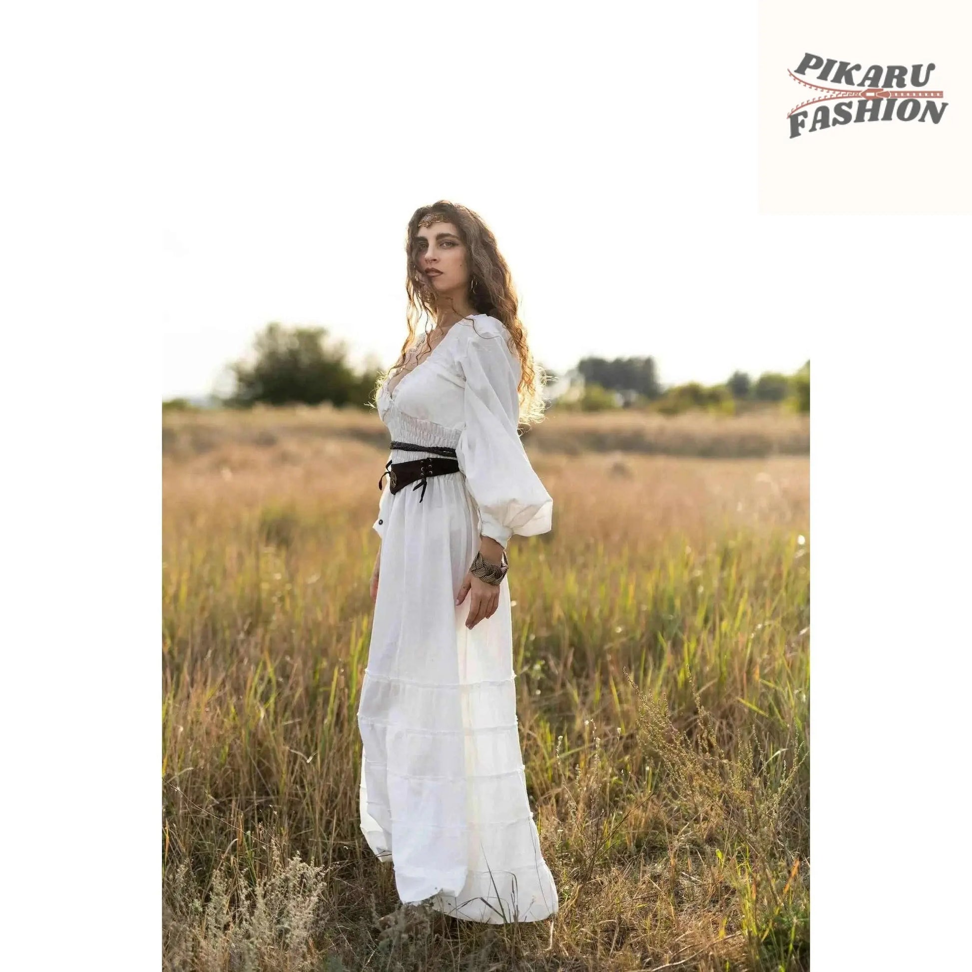 Long Off White Bohemian Dress with Ruffles- pikaru fashion - PIKARU FASHION