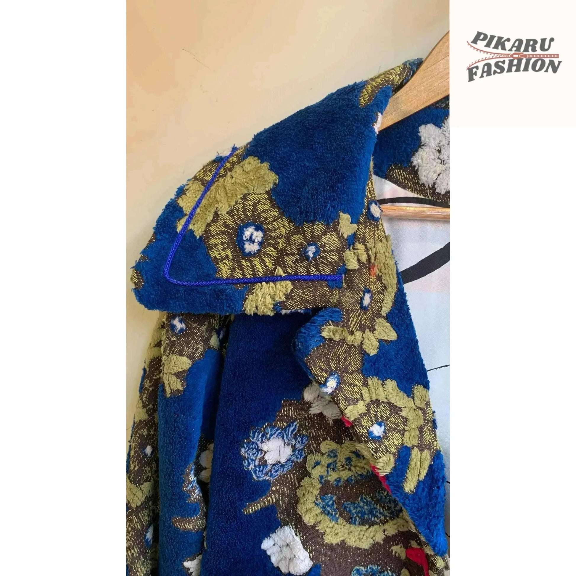 Vintage Floral Upholstery Moroccan Blue Oversized Collar coat - PIKARU FASHION