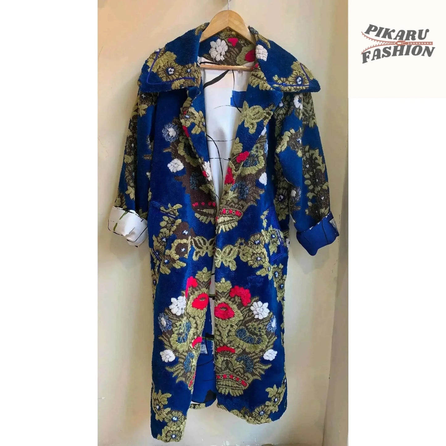 Vintage Floral Upholstery Moroccan Blue Oversized Collar coat - PIKARU FASHION