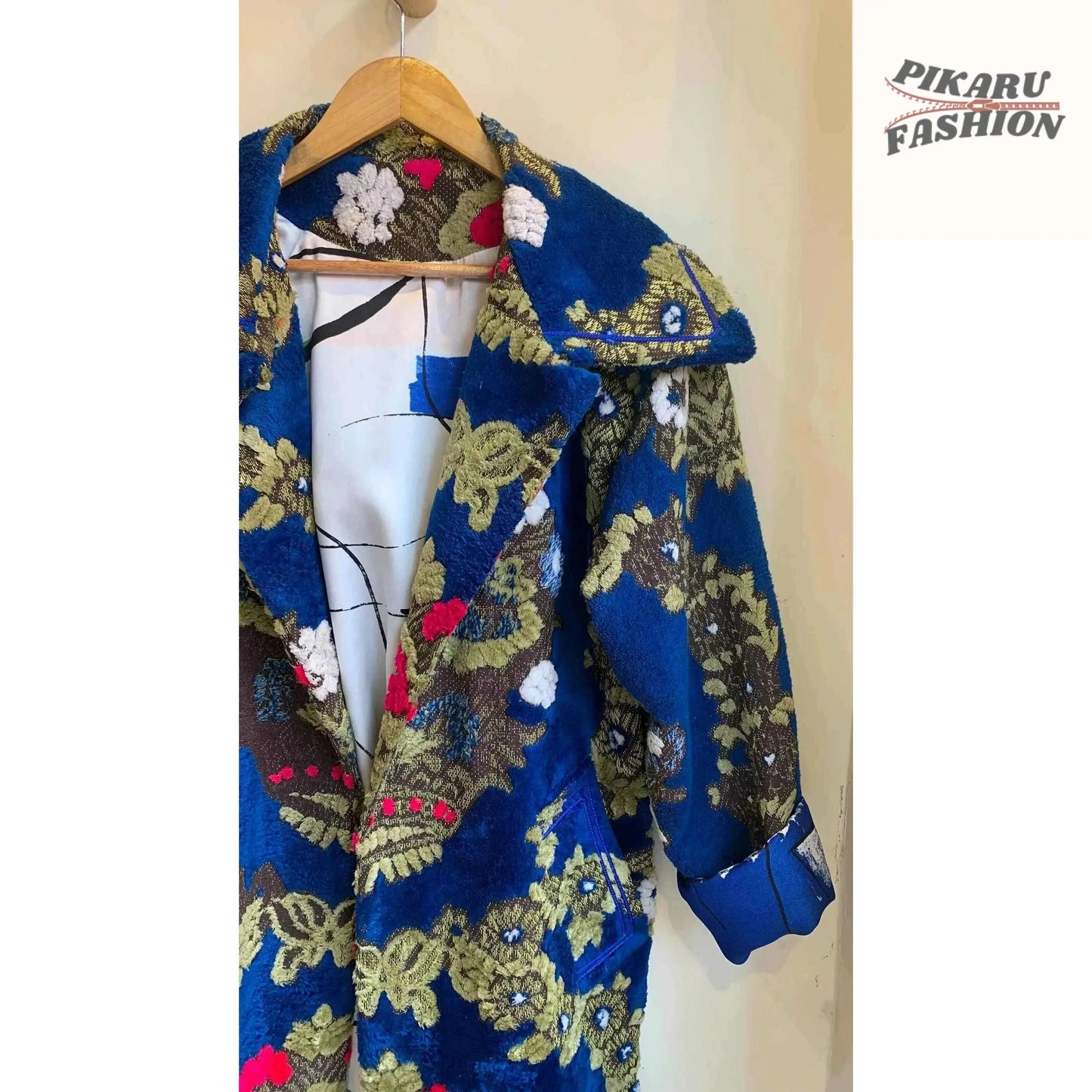 Vintage Floral Upholstery Moroccan Blue Oversized Collar coat - PIKARU FASHION