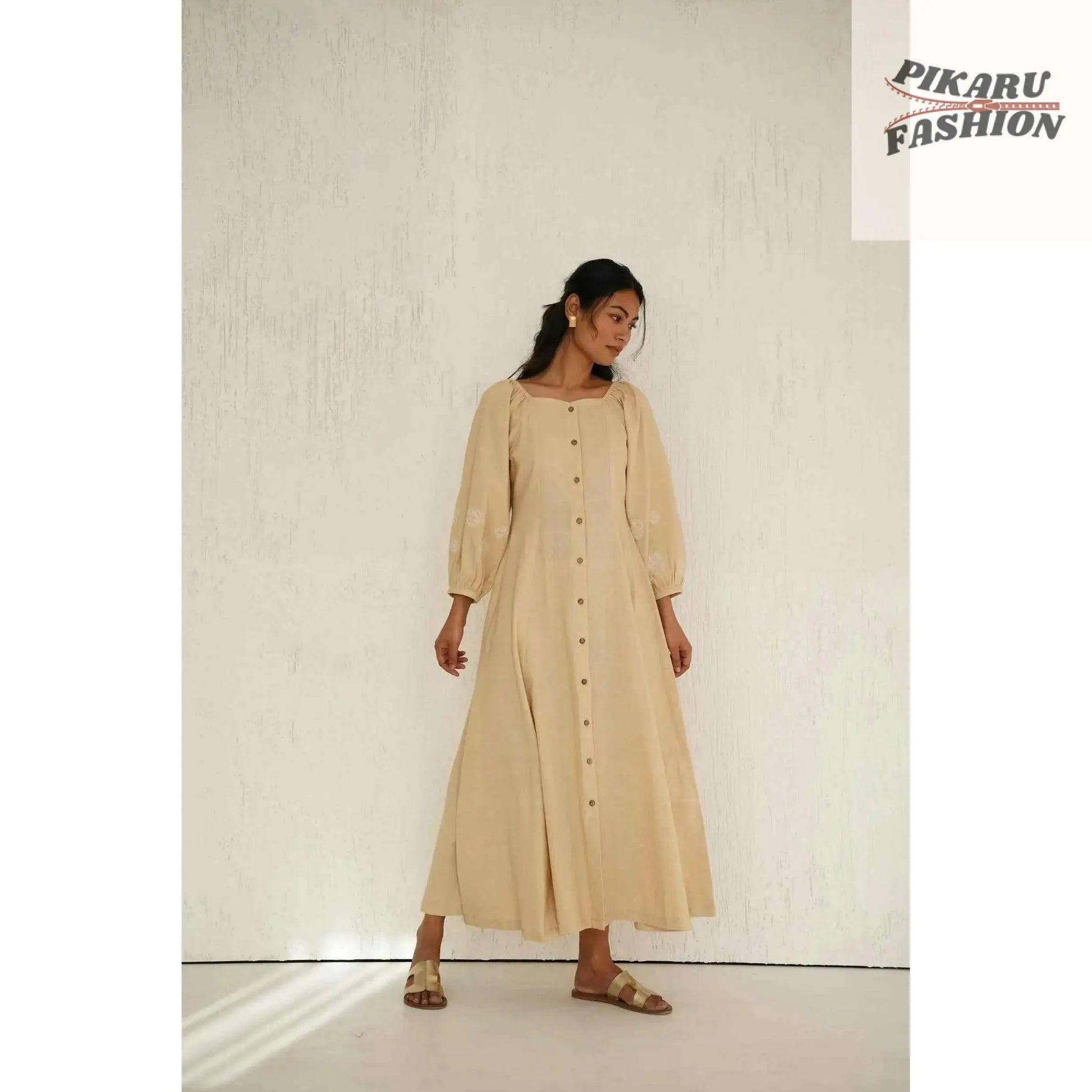 Soft Linen Maxi Dress with Button- pikaru fashion - PIKARU FASHION