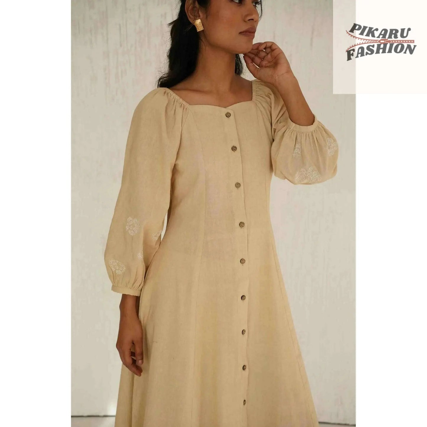 Soft Linen Maxi Dress with Button- pikaru fashion - PIKARU FASHION