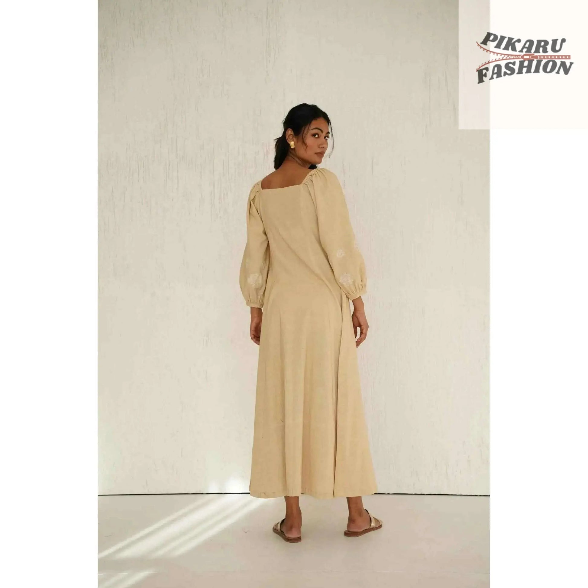 Soft Linen Maxi Dress with Button- pikaru fashion - PIKARU FASHION