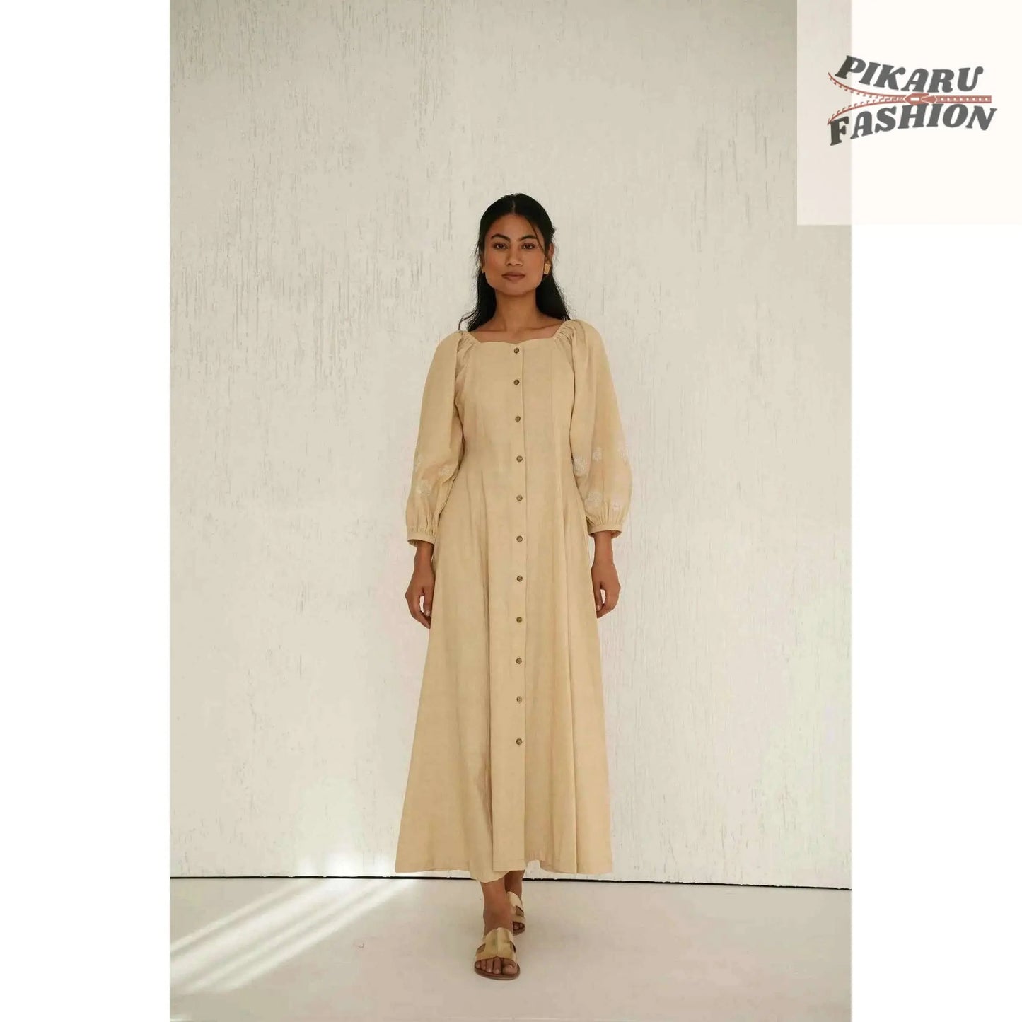 Soft Linen Maxi Dress with Button- pikaru fashion - PIKARU FASHION