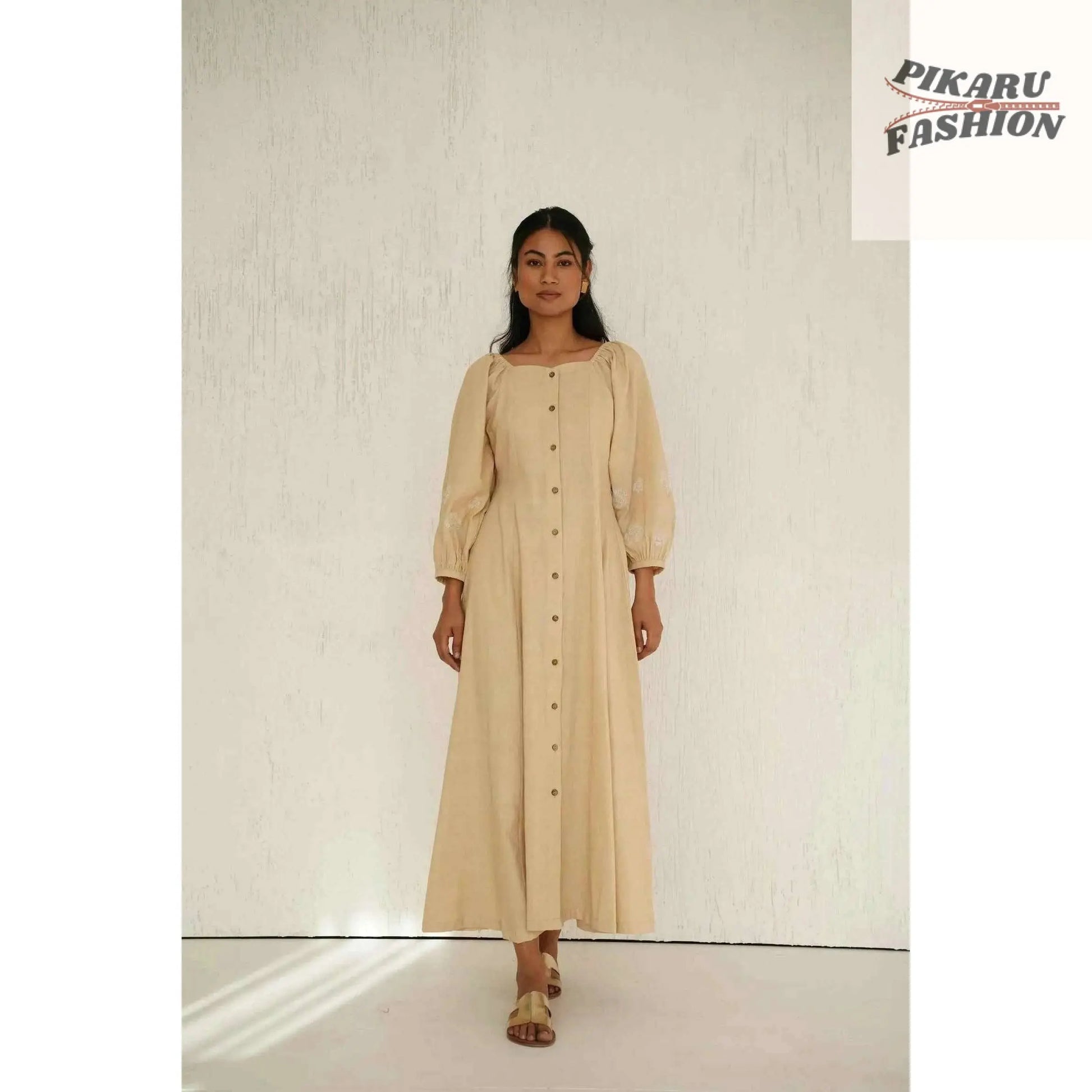 Soft Linen Maxi Dress with Button- pikaru fashion - PIKARU FASHION