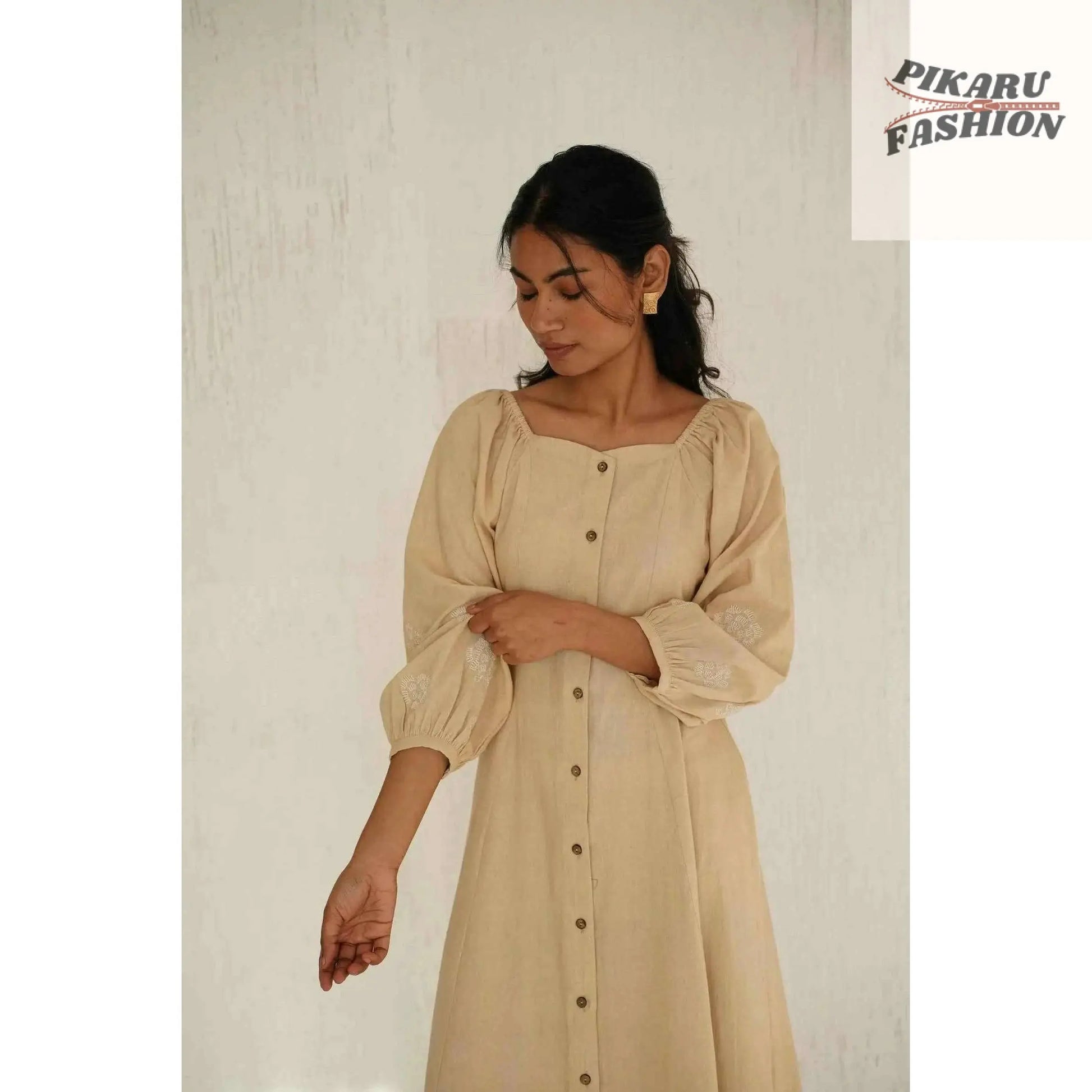 Soft Linen Maxi Dress with Button- pikaru fashion - PIKARU FASHION