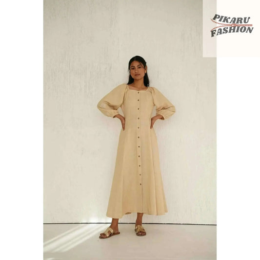 Soft Linen Maxi Dress with Button- pikaru fashion - PIKARU FASHION