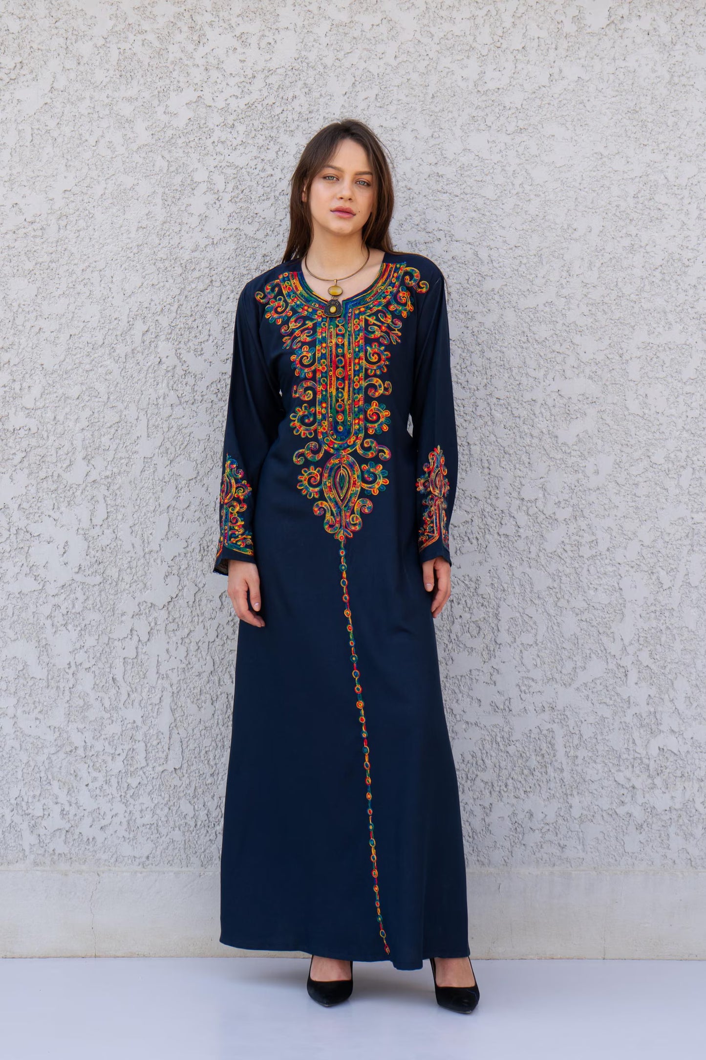 Navy Blue embroidered caftan dress, embroidered Cotton caftan, Chic embroidered caftan, Egyptian cotton caftans for women - PIKARU FASHION