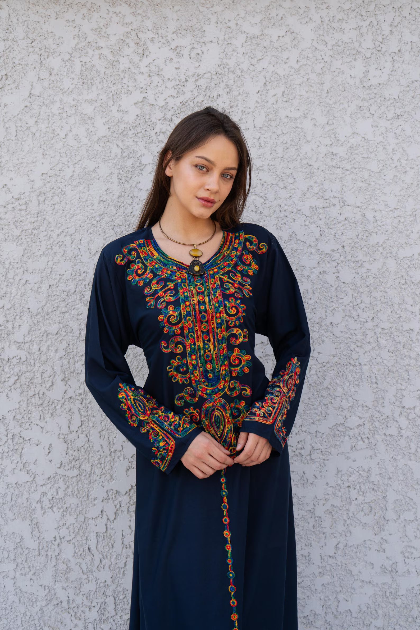 Navy Blue embroidered caftan dress, embroidered Cotton caftan, Chic embroidered caftan, Egyptian cotton caftans for women - PIKARU FASHION